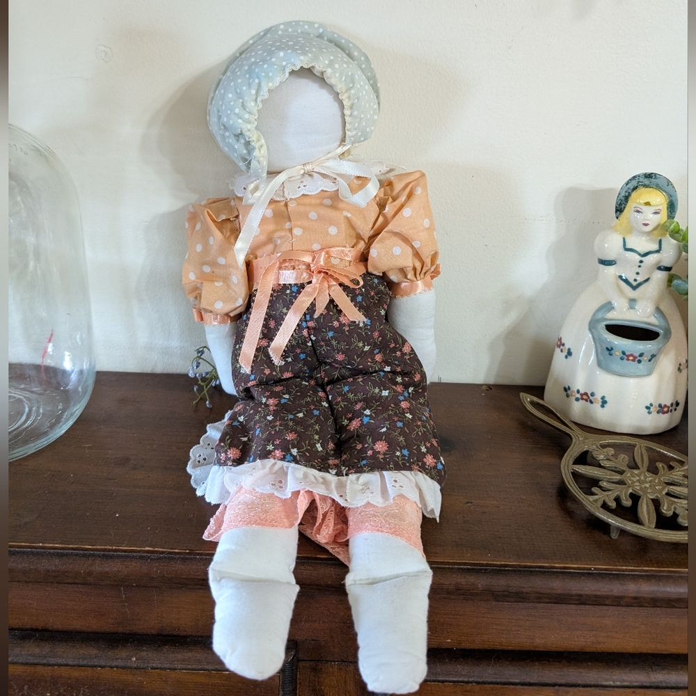 Handmade Primitive Rag Doll with Polka Dot Floral Dress Vintage Cottagecore